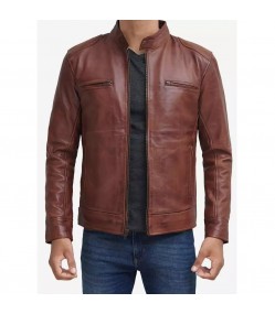 Mens Tall Cognac Brown Cafe Racer Leather Jacket